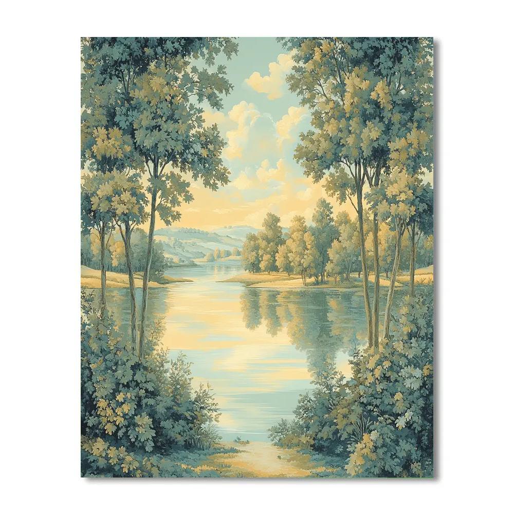 Raphael Inspired Harmonious Riverside With Symmetrical Trees painting number kit