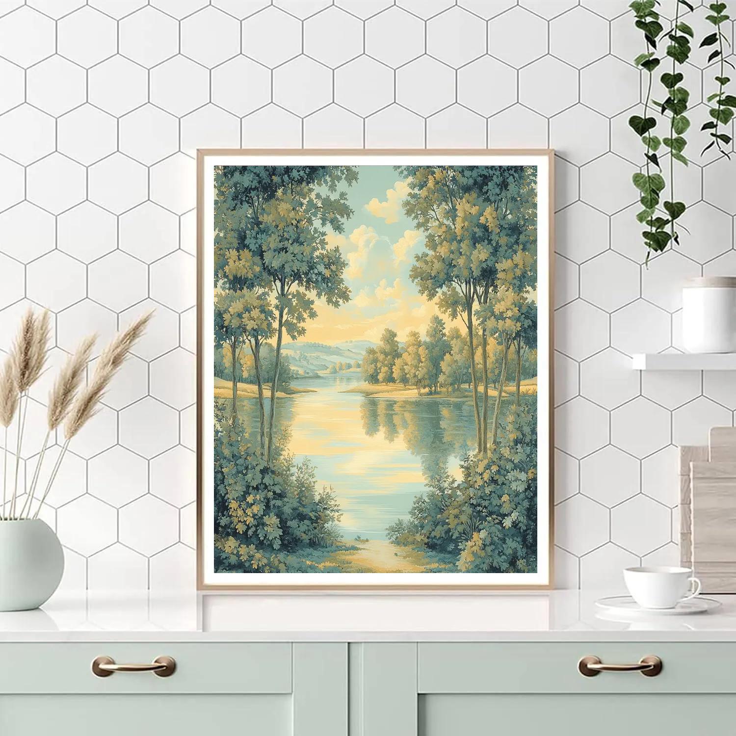 Raphael Inspired Harmonious Riverside With Symmetrical Trees painting number kit