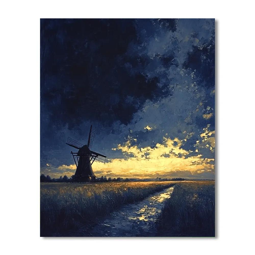 Rembrandt Inspired Windmill Silhouette At Luminous Horizon painting number kit