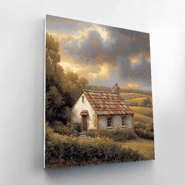 Rembrandt Inspired Rustic Cottage Nestled In Shadowy Fields painting number kit