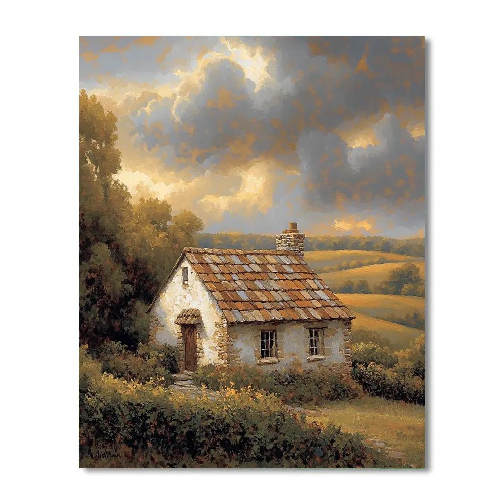 Rembrandt Inspired Rustic Cottage Nestled In Shadowy Fields painting number kit