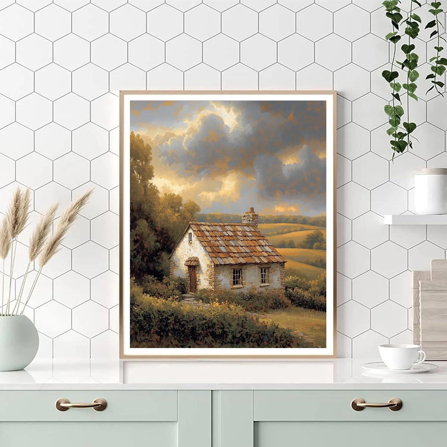 Rembrandt Inspired Rustic Cottage Nestled In Shadowy Fields painting number kit