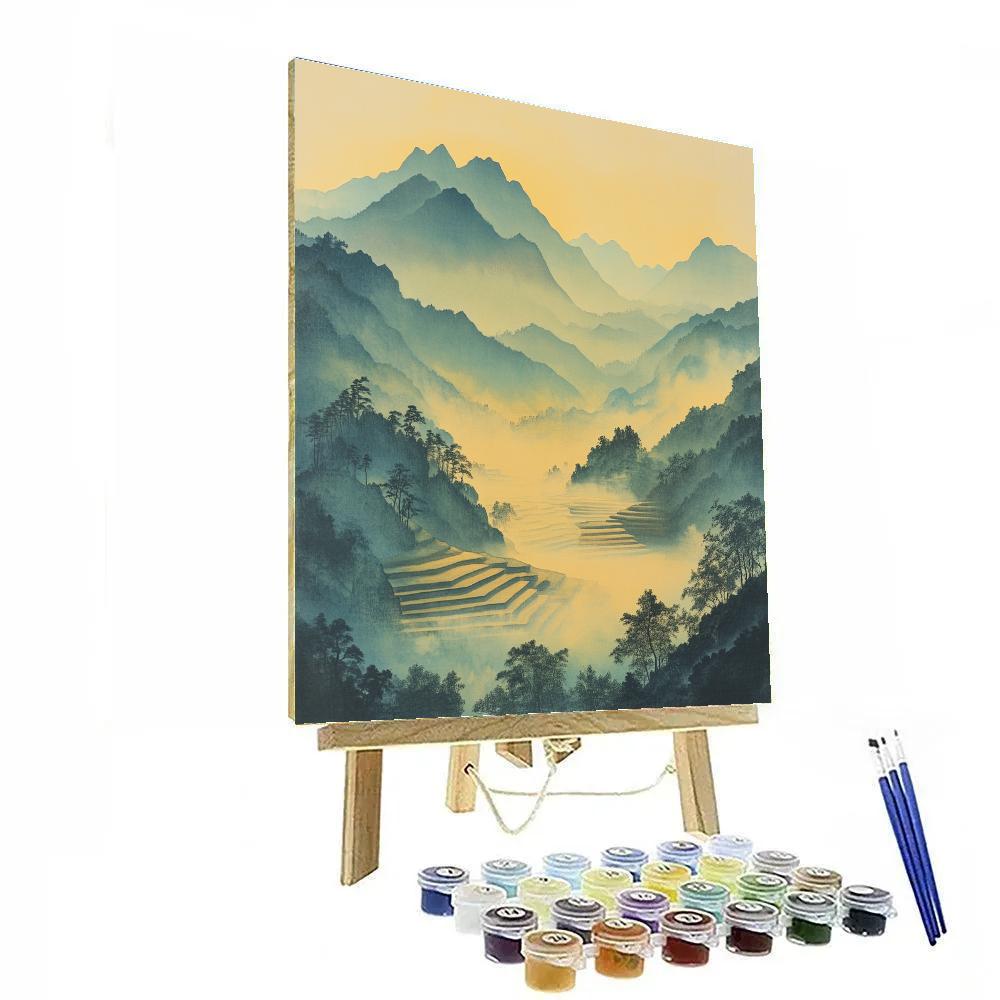Hiroshige Inspired Misty Mountain Dawn paint by number