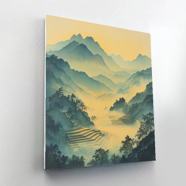 Hiroshige Inspired Misty Mountain Dawn paint by number