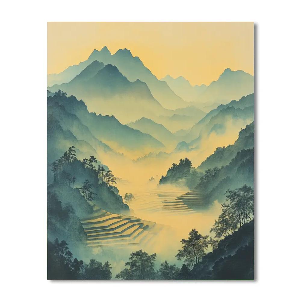 Hiroshige Inspired Misty Mountain Dawn paint by number