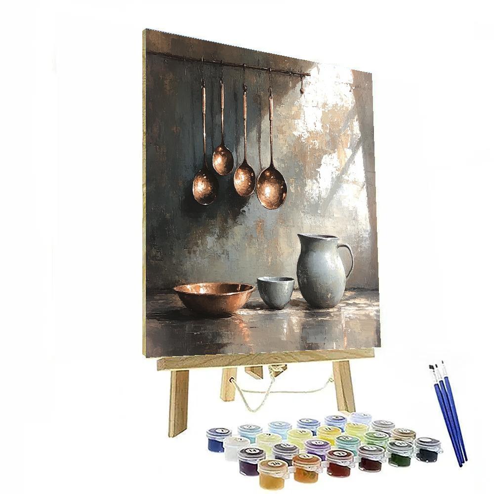 Diego Velázquez Inspired Copper Ladles And Ceramic Jugs paint by color