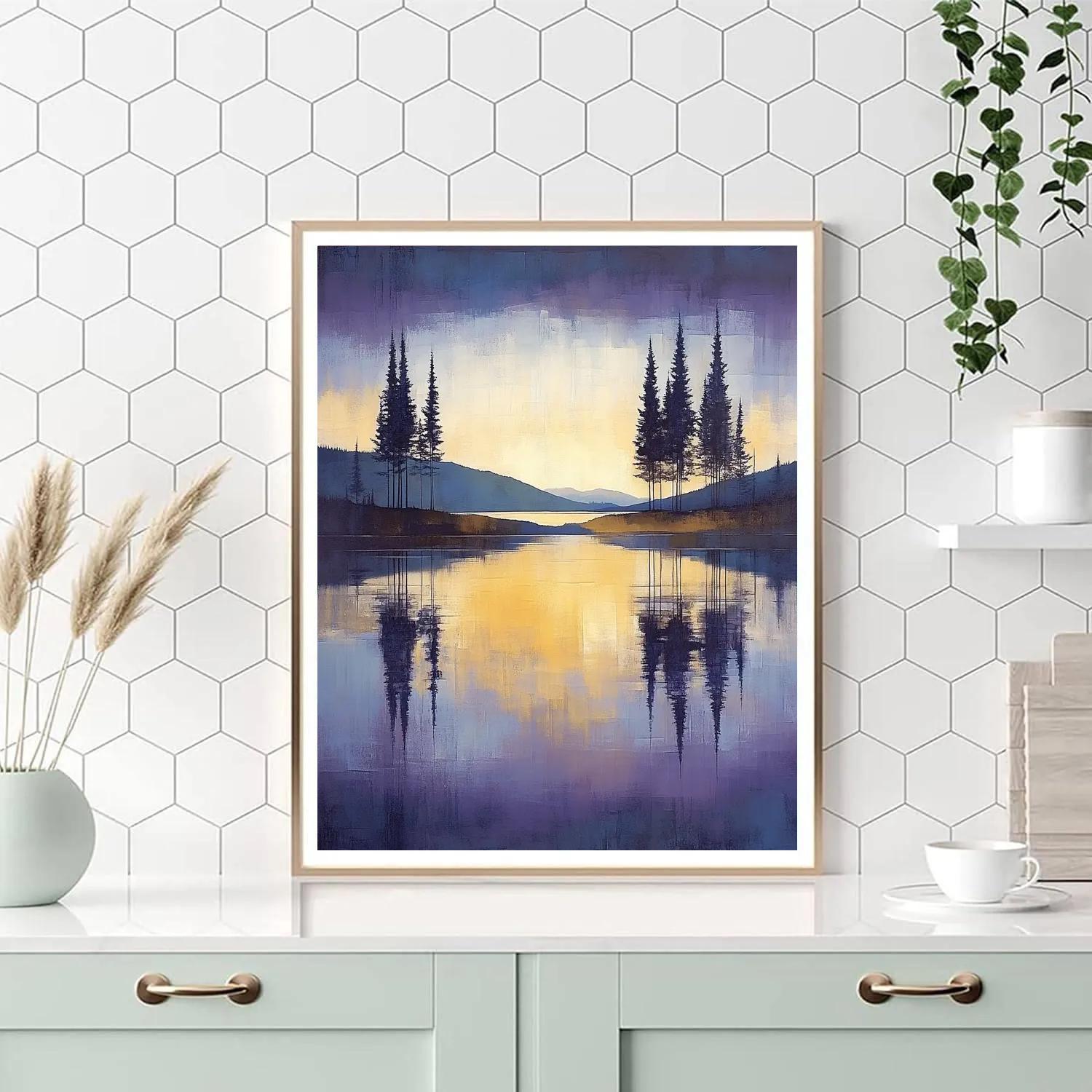 Lawren Harris Inspired Northern Lake Serenity With Silhouetted Trees Number painting