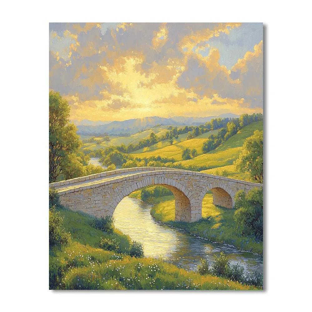 Raphael Inspired Serene Countryside With Arching Stone Bridge painting number kit