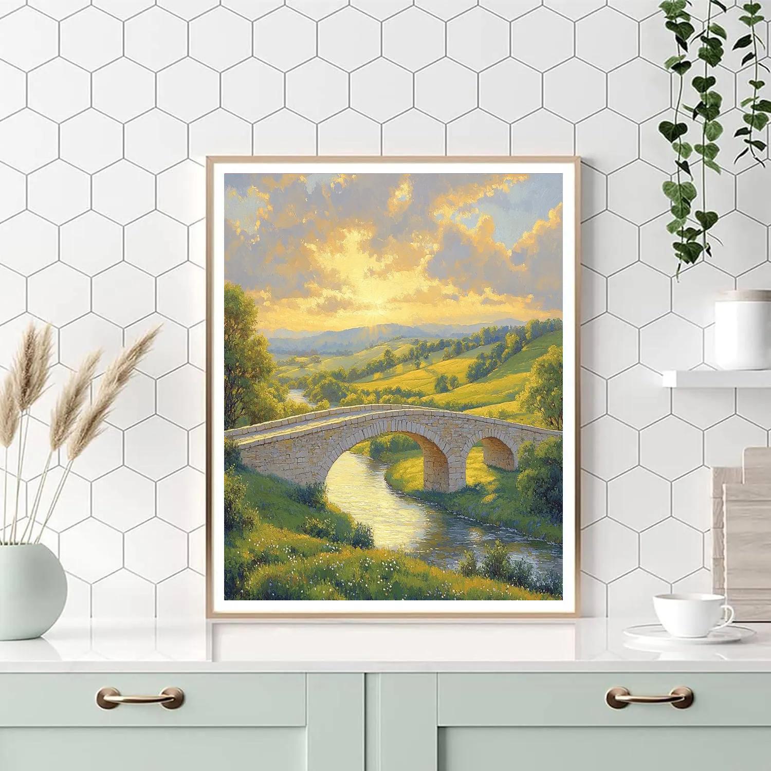 Raphael Inspired Serene Countryside With Arching Stone Bridge painting number kit
