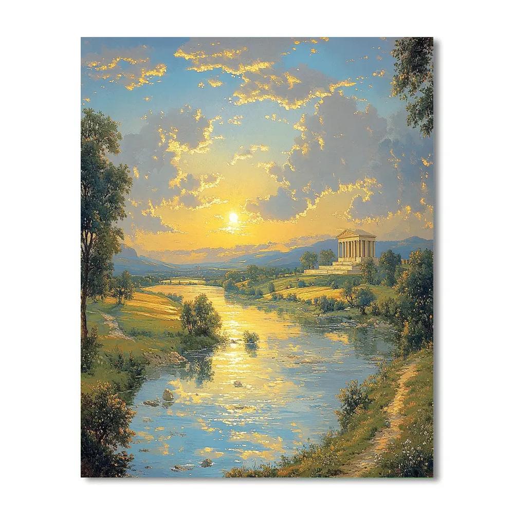 Raphael Inspired Idealized Horizon With Distant Temple And Flowing River Paint by numbers art