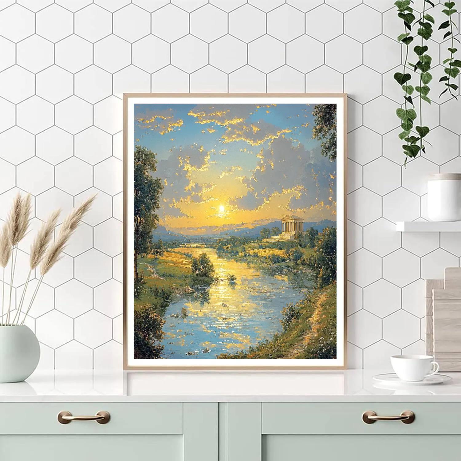 Raphael Inspired Idealized Horizon With Distant Temple And Flowing River Paint by numbers art