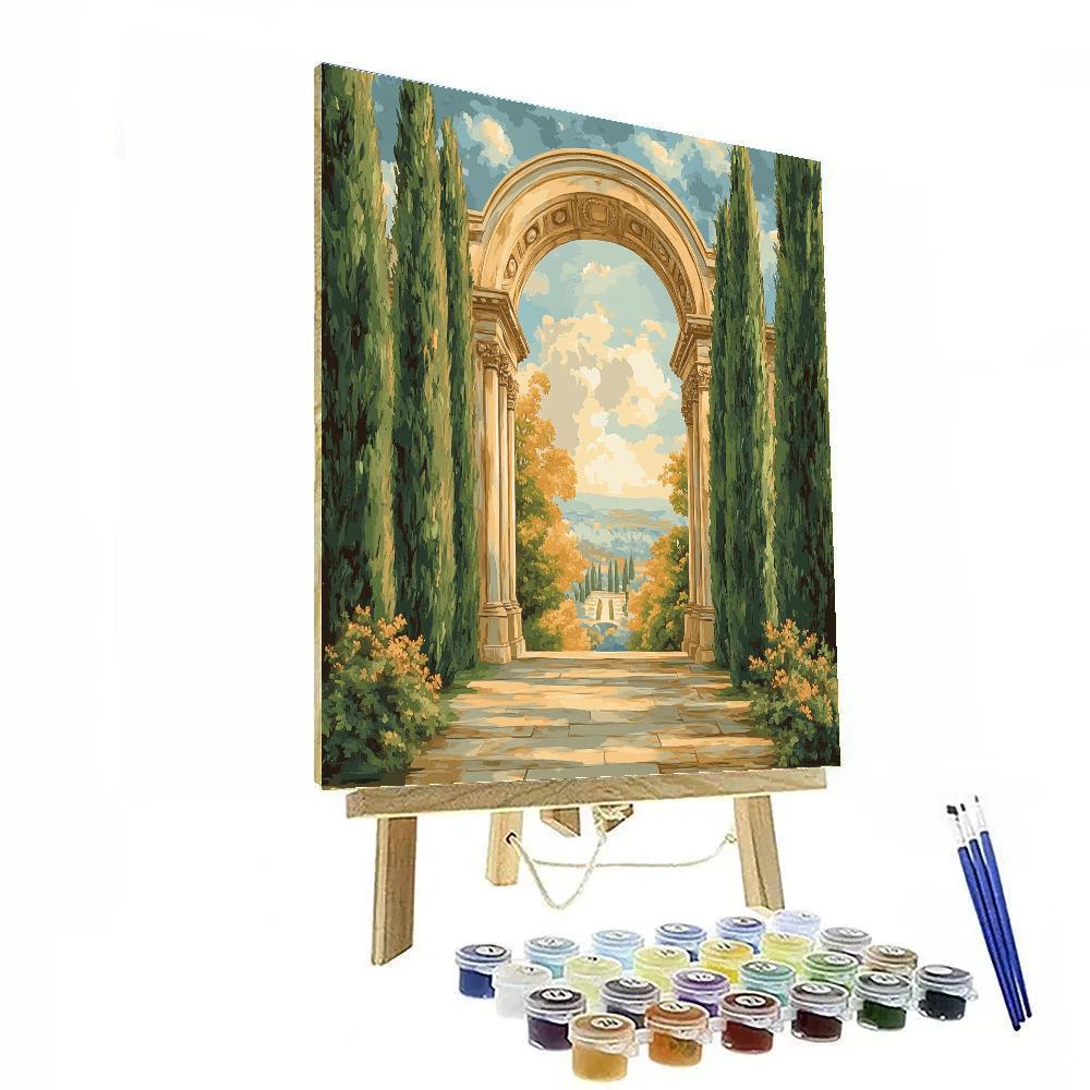 Raphael Inspired Classical Archway Framed By Verdant Cypress Trees Paint by numbers kits