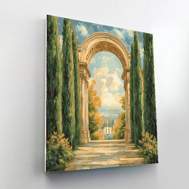 Raphael Inspired Classical Archway Framed By Verdant Cypress Trees Paint by numbers kits