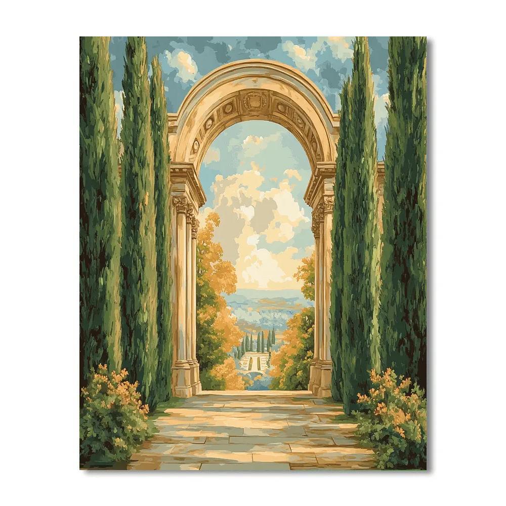 Raphael Inspired Classical Archway Framed By Verdant Cypress Trees Paint by numbers kits