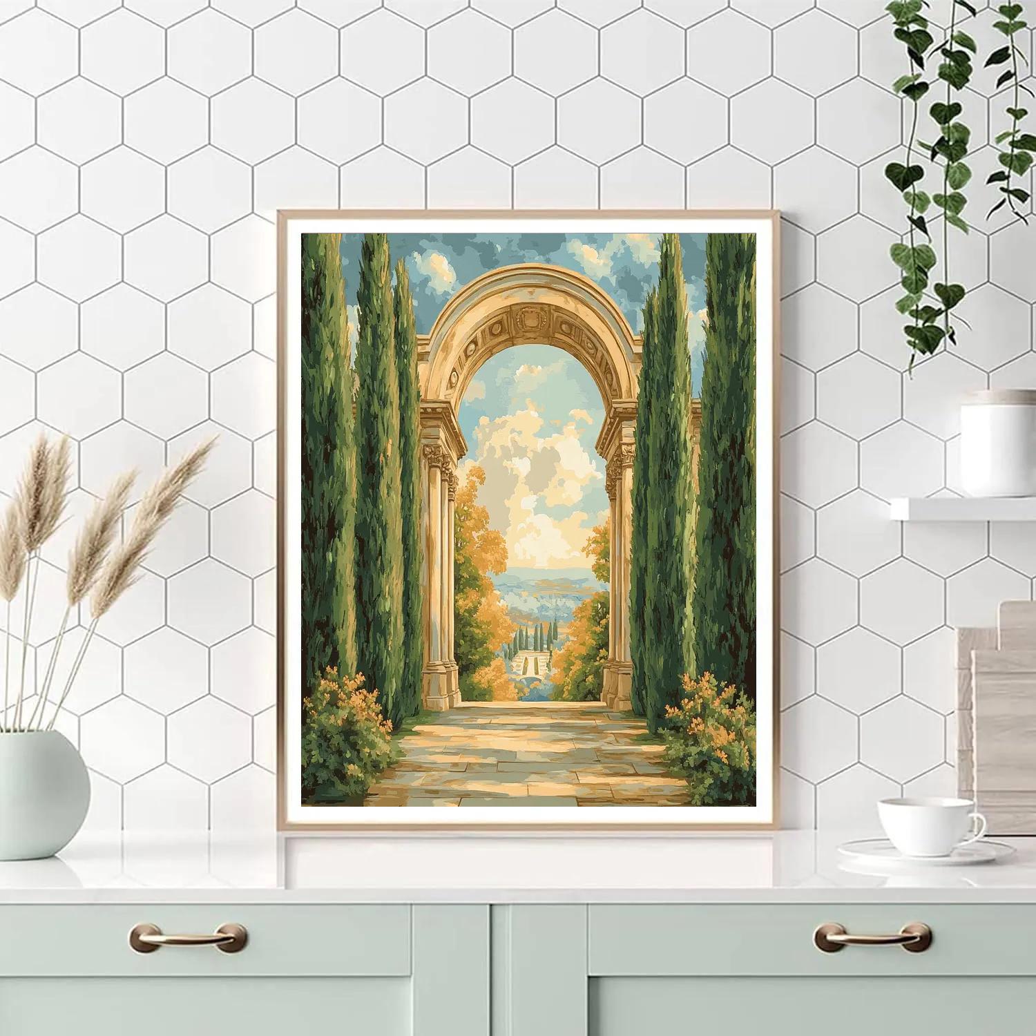 Raphael Inspired Classical Archway Framed By Verdant Cypress Trees Paint by numbers kits