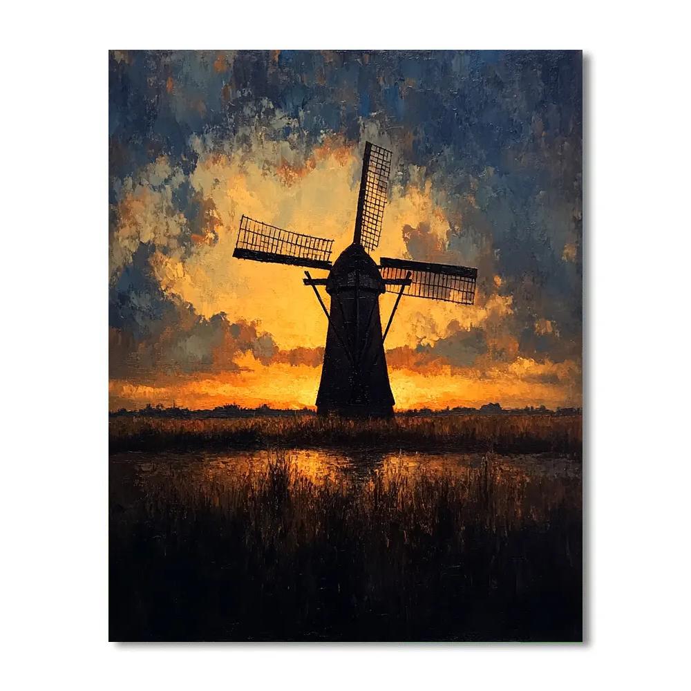 Rembrandt Inspired Windmill Silhouette At Dusk paint by color