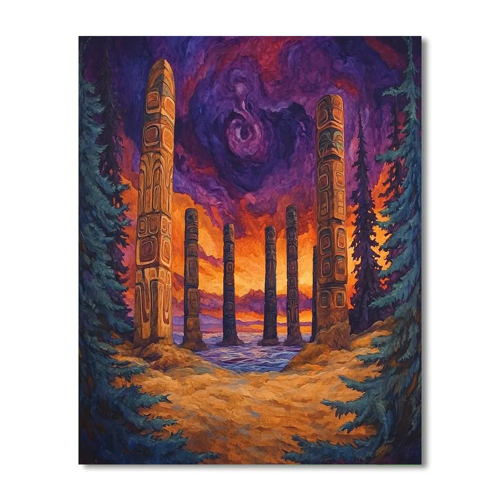 Emily Carr Inspired Totem Grove At Dusk paint by number