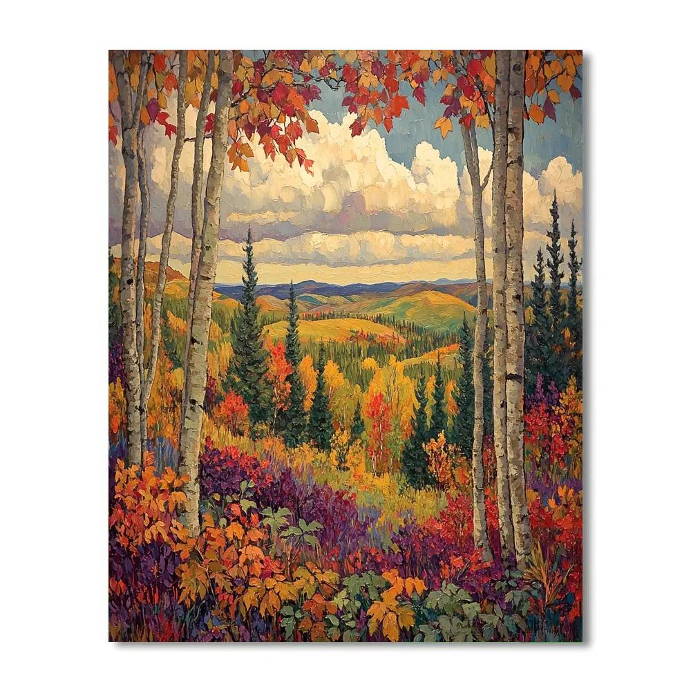J. E. H. MacDonald Inspired Vibrant Autumn Forest Glade painting number kit