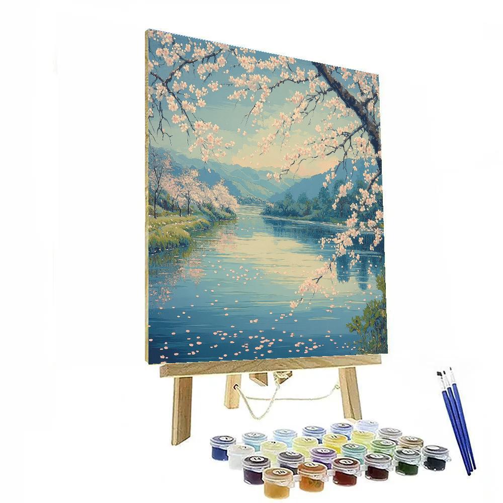 Hiroshige Inspired Moonlit Cherry River Numbered painting kits