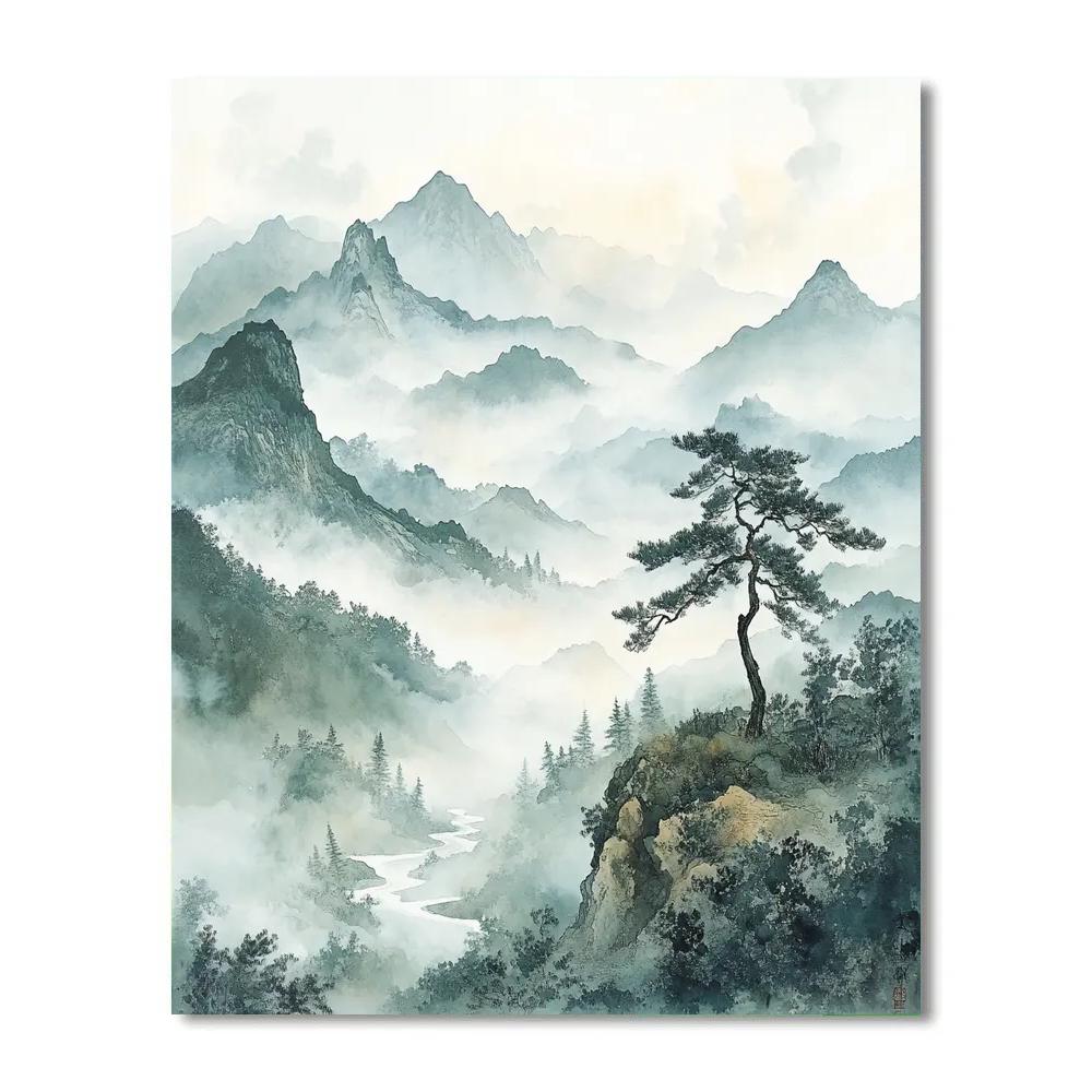 Zhao Mengfu Inspired Misty Mountain Verse paint by numbers
