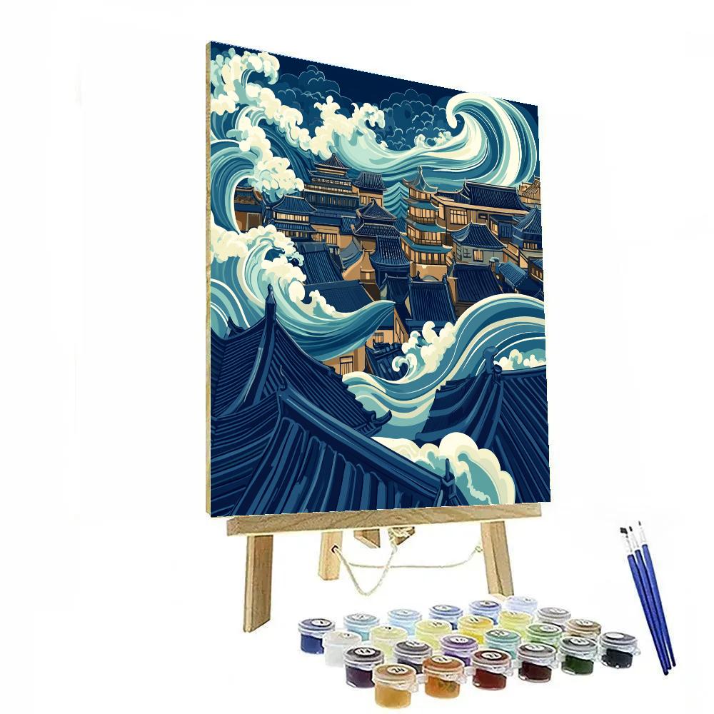 Hokusai Inspired Ocean Wave Cityscape painting number kit