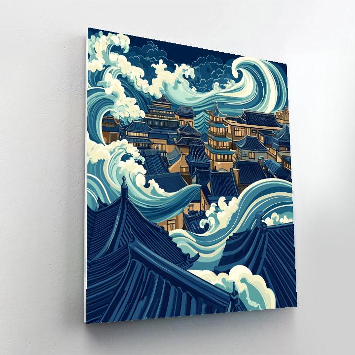 Hokusai Inspired Ocean Wave Cityscape painting number kit