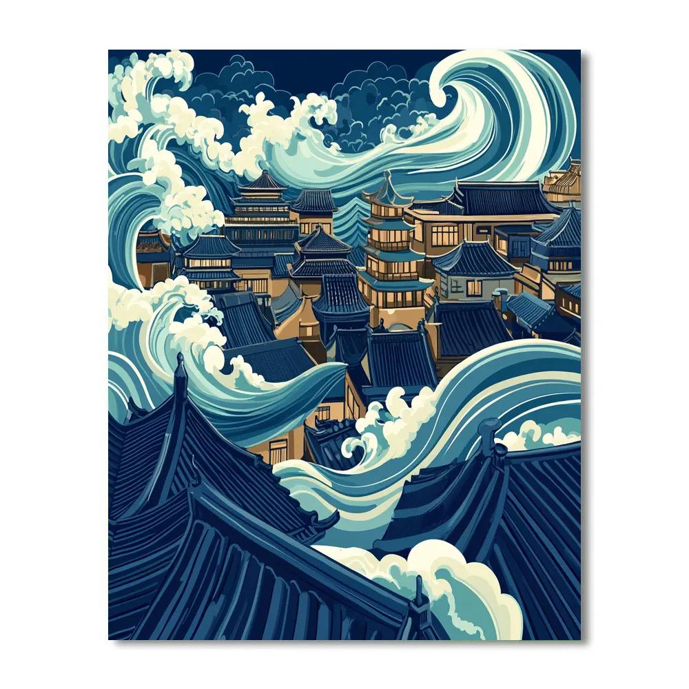 Hokusai Inspired Ocean Wave Cityscape painting number kit