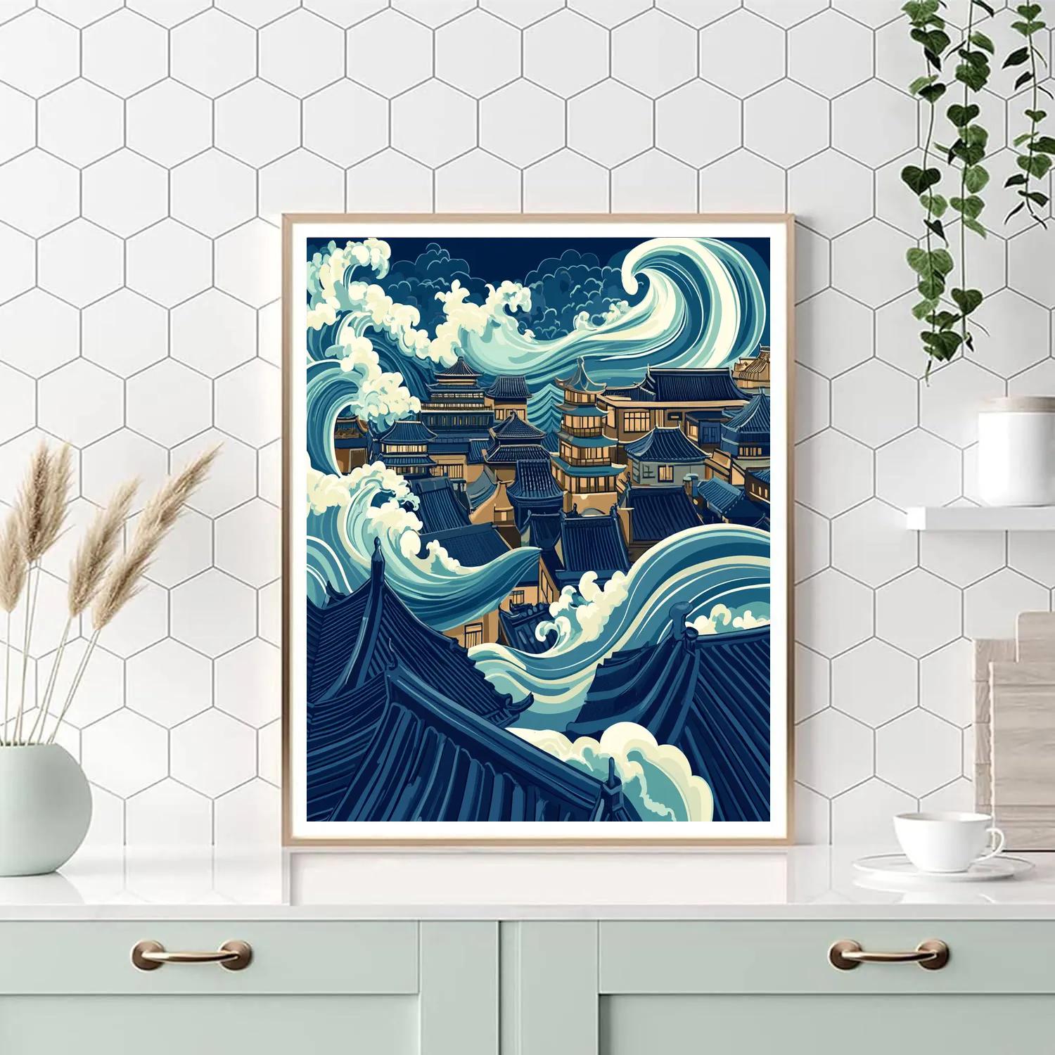 Hokusai Inspired Ocean Wave Cityscape painting number kit