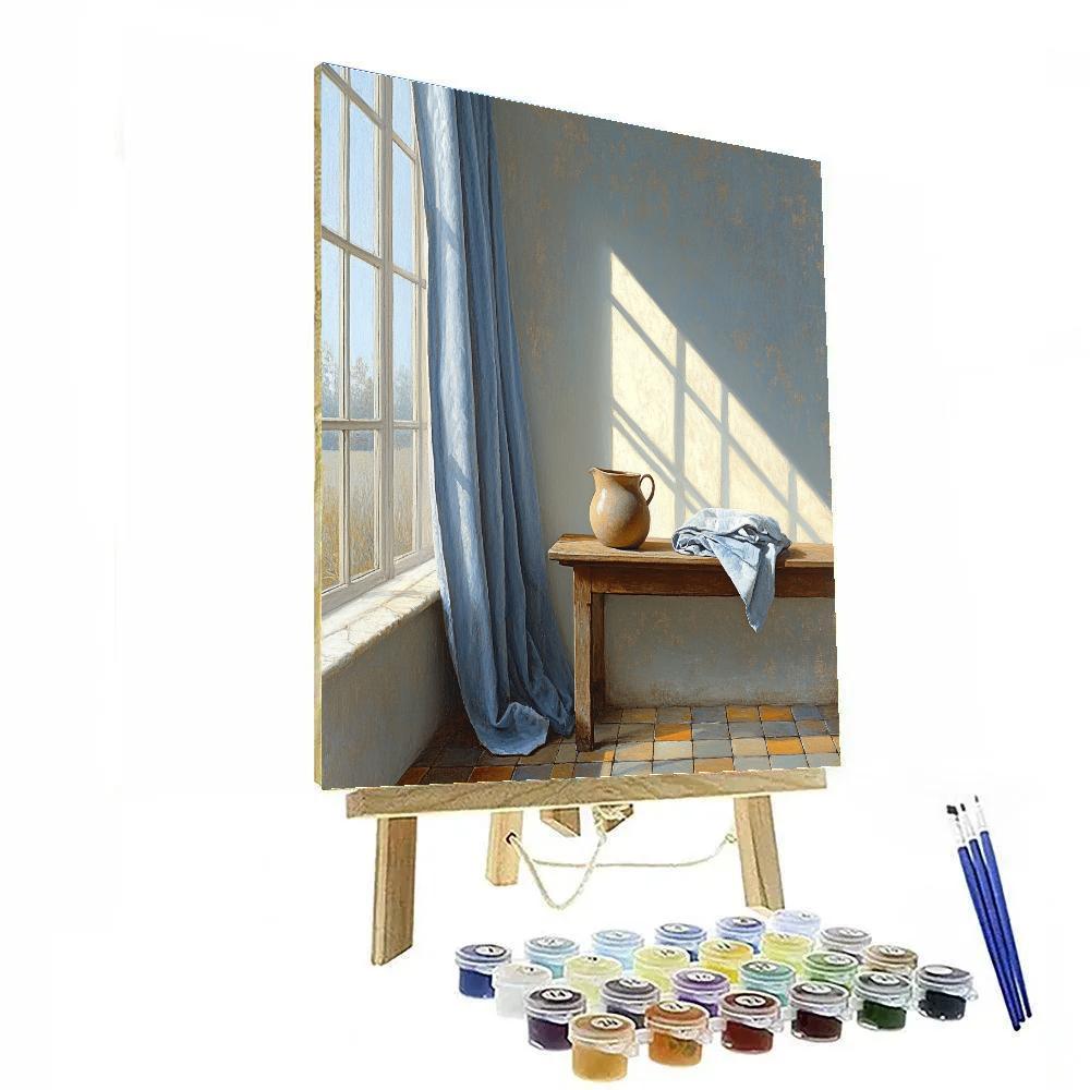 Johannes Vermeer Inspired Sunlit Delft Window With Lapis Curtain paint by numbers