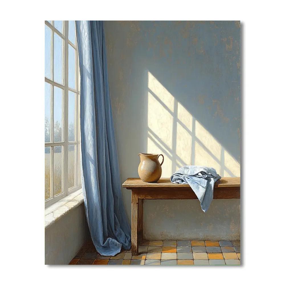 Johannes Vermeer Inspired Sunlit Delft Window With Lapis Curtain paint by numbers
