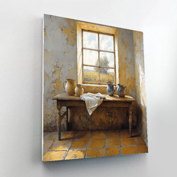 Johannes Vermeer Inspired Luminous Delft Interior With Ceramic Jugs paint by number