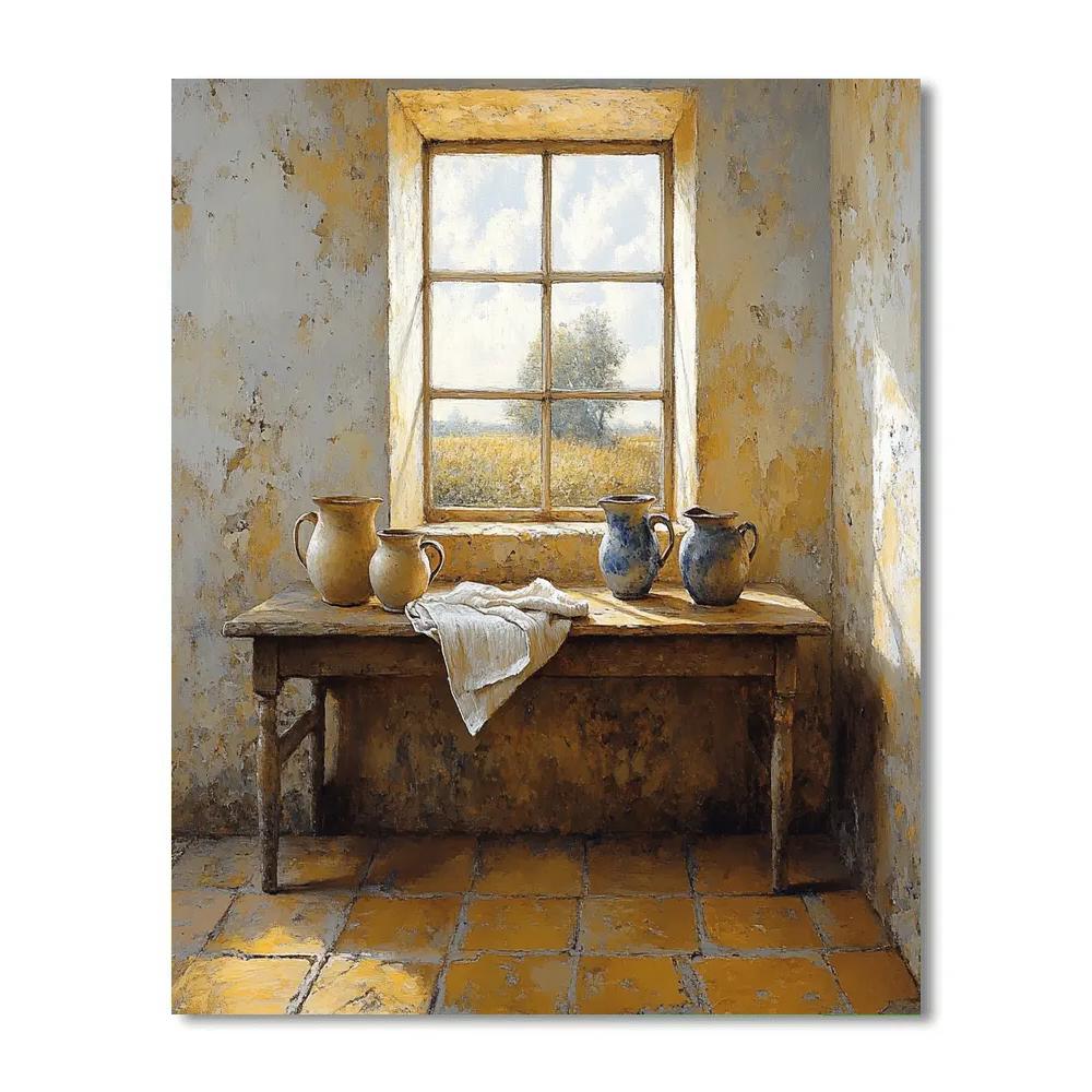 Johannes Vermeer Inspired Luminous Delft Interior With Ceramic Jugs paint by number