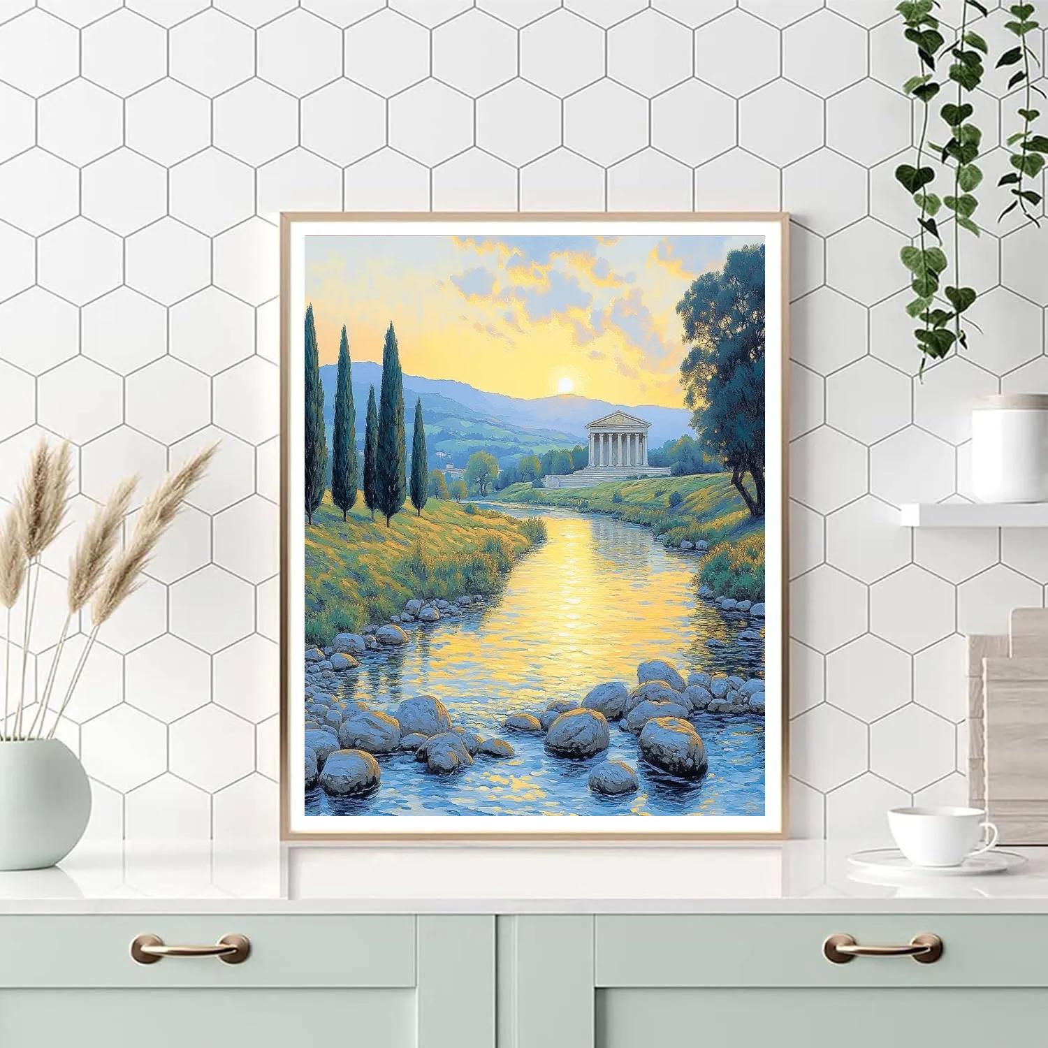 Raphael Inspired Serene Riverside Vista paint by number