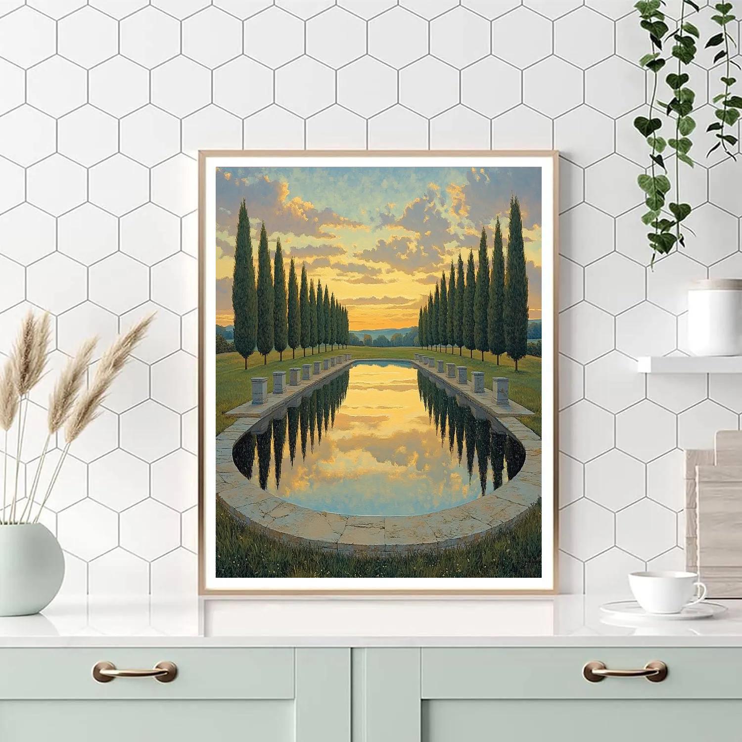 Raphael Inspired Symmetrical Meadow With Reflective Pool paint by color