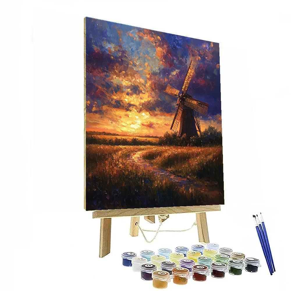 Rembrandt Inspired Twilight Glow Behind Windmill Paint by numbers art