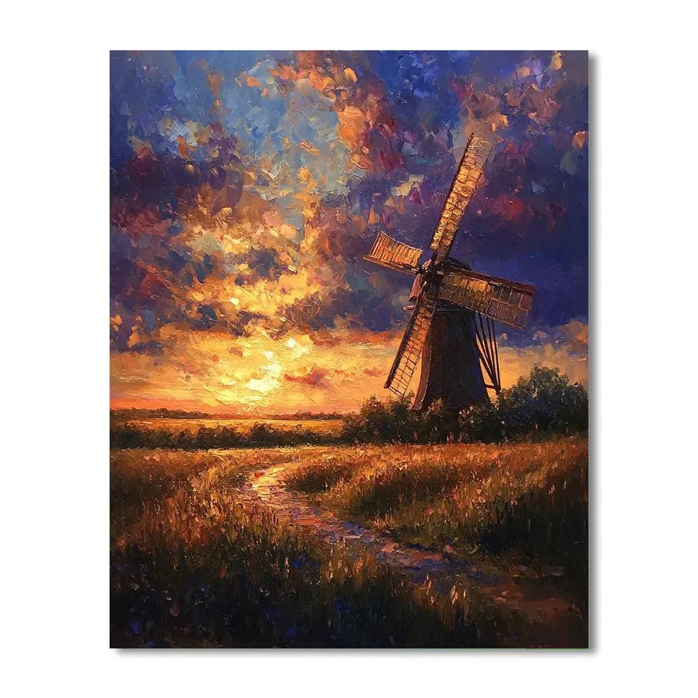 Rembrandt Inspired Twilight Glow Behind Windmill Paint by numbers art