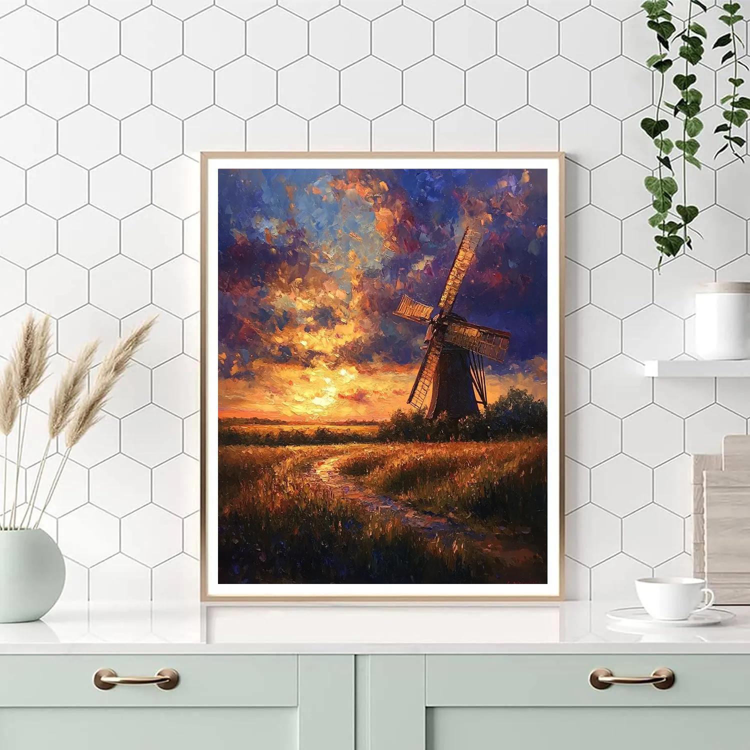 Rembrandt Inspired Twilight Glow Behind Windmill Paint by numbers art