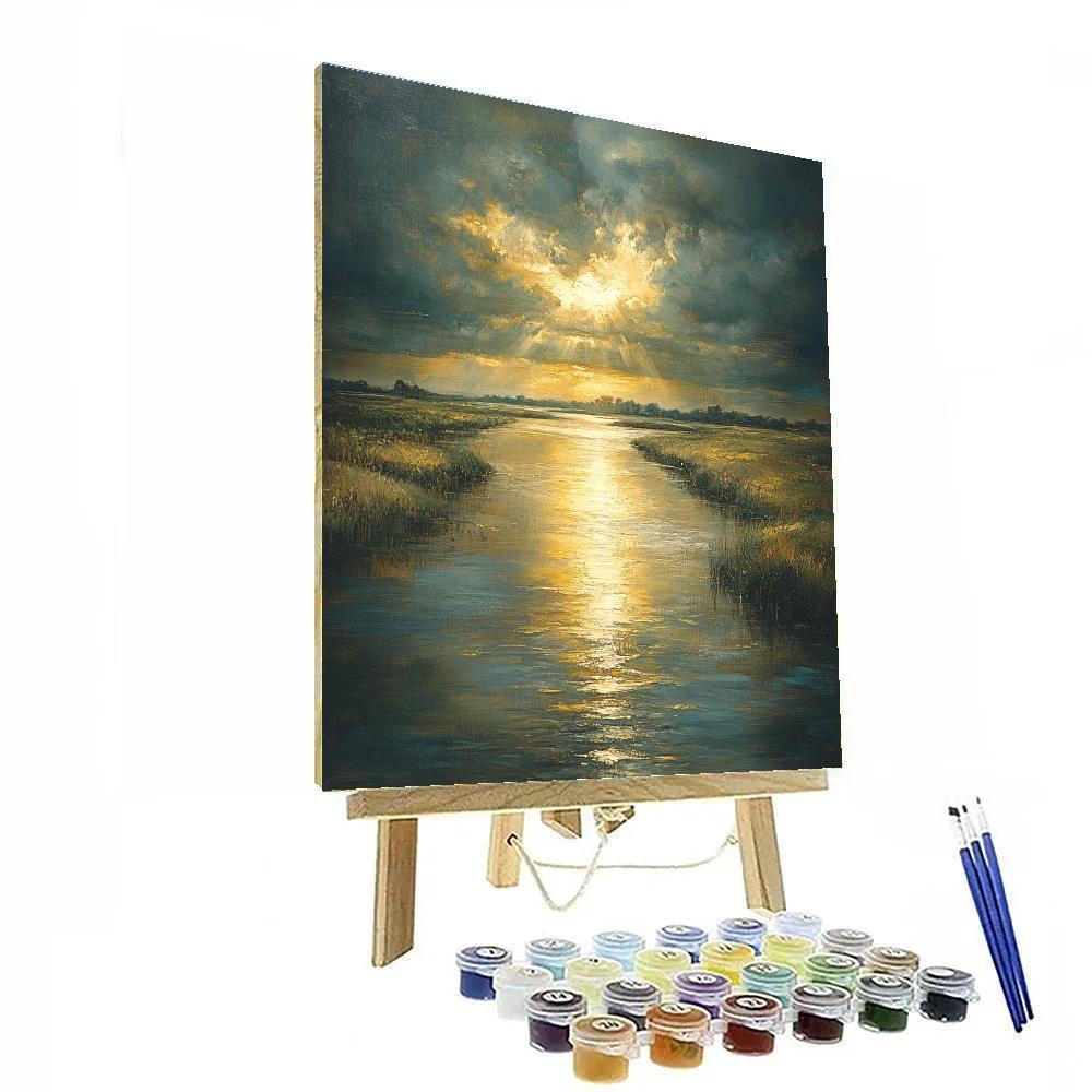 Rembrandt Inspired River Reflecting Golden Sunlight Number painting
