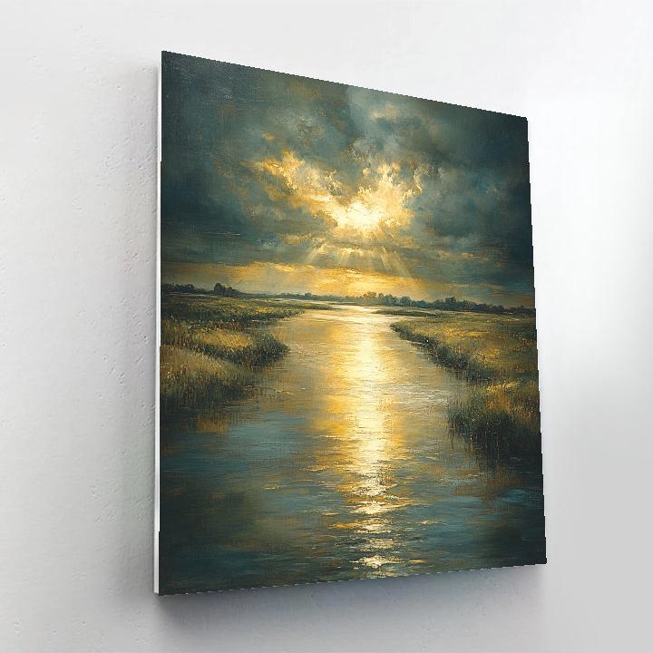Rembrandt Inspired River Reflecting Golden Sunlight Number painting