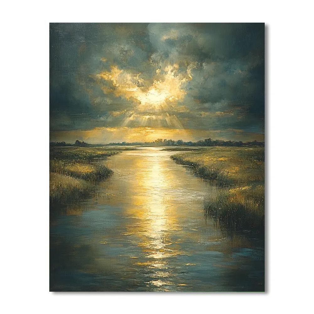 Rembrandt Inspired River Reflecting Golden Sunlight Number painting