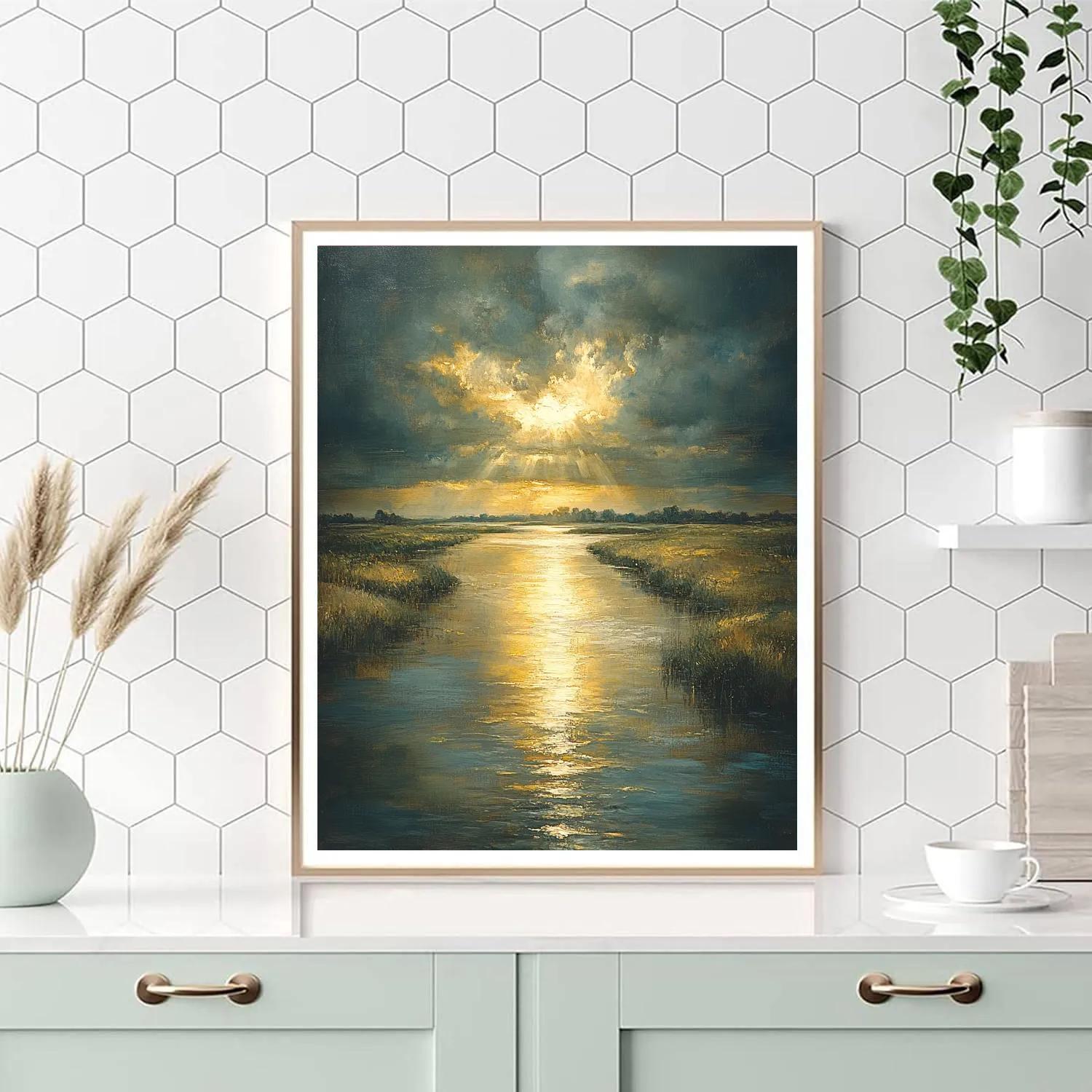 Rembrandt Inspired River Reflecting Golden Sunlight Number painting
