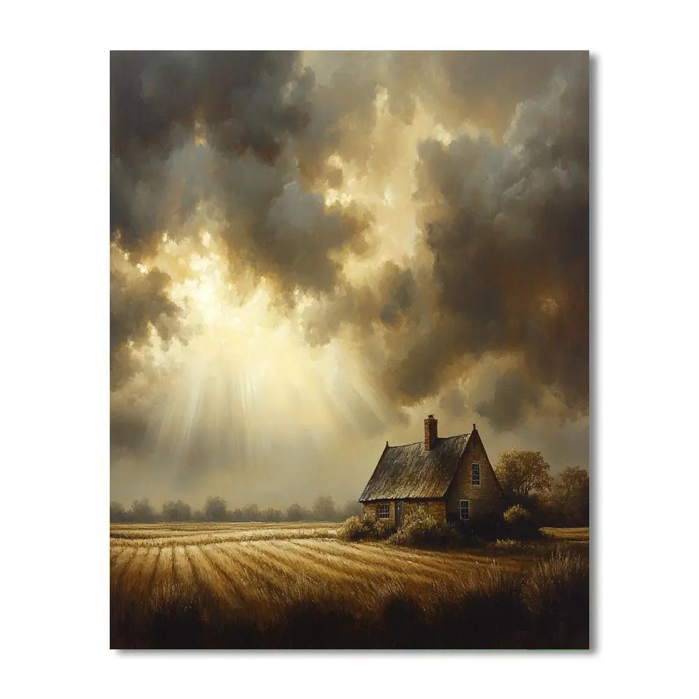 Rembrandt Inspired Cottage Enveloped In Shadowy Fields Paint by numbers art