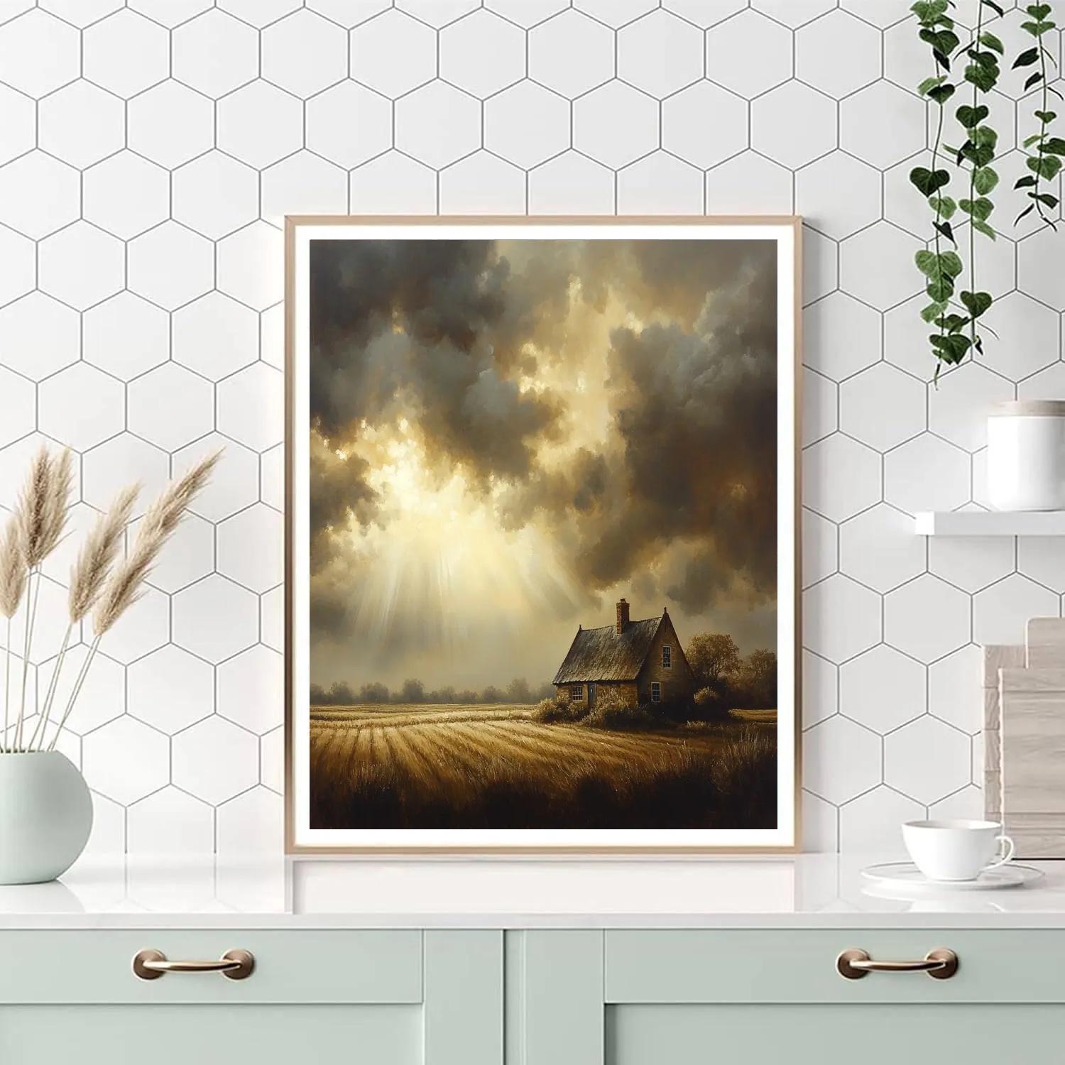 Rembrandt Inspired Cottage Enveloped In Shadowy Fields Paint by numbers art