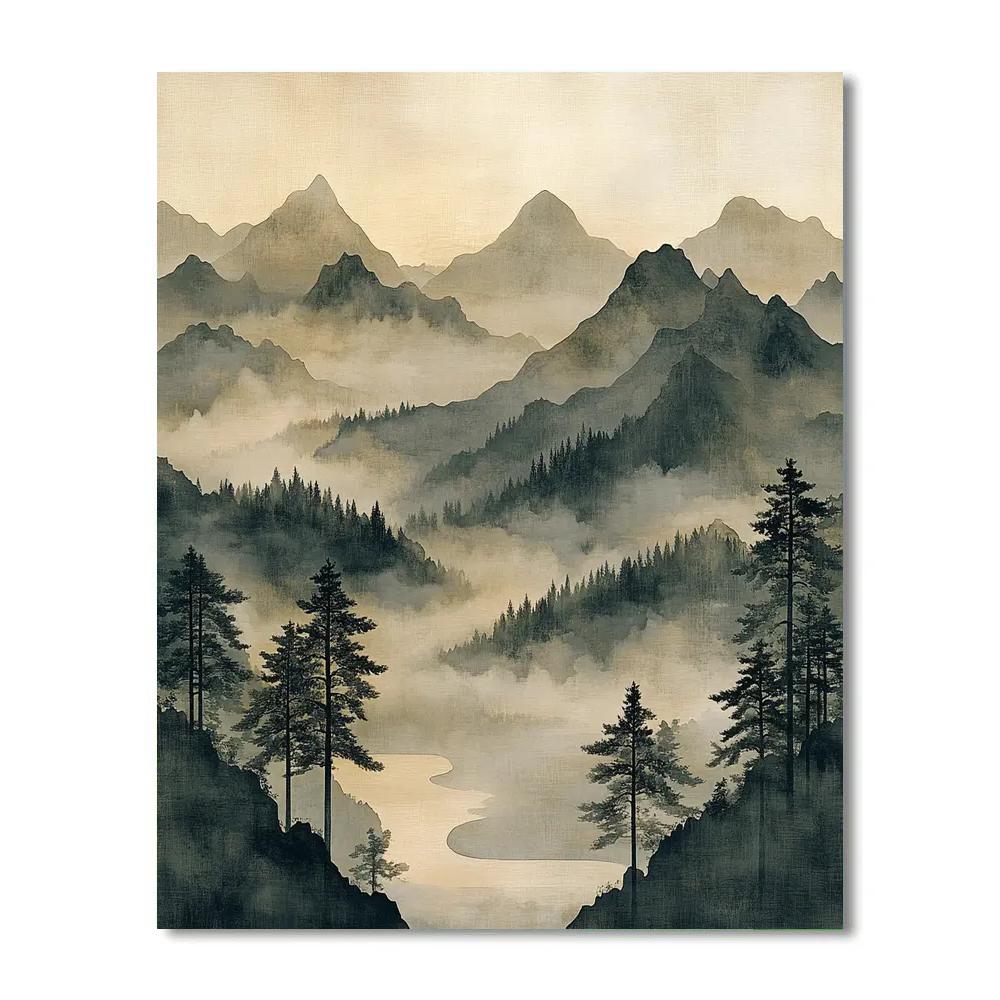Zhao Mengfu Inspired Misty Mountain Scroll Paint by numbers art