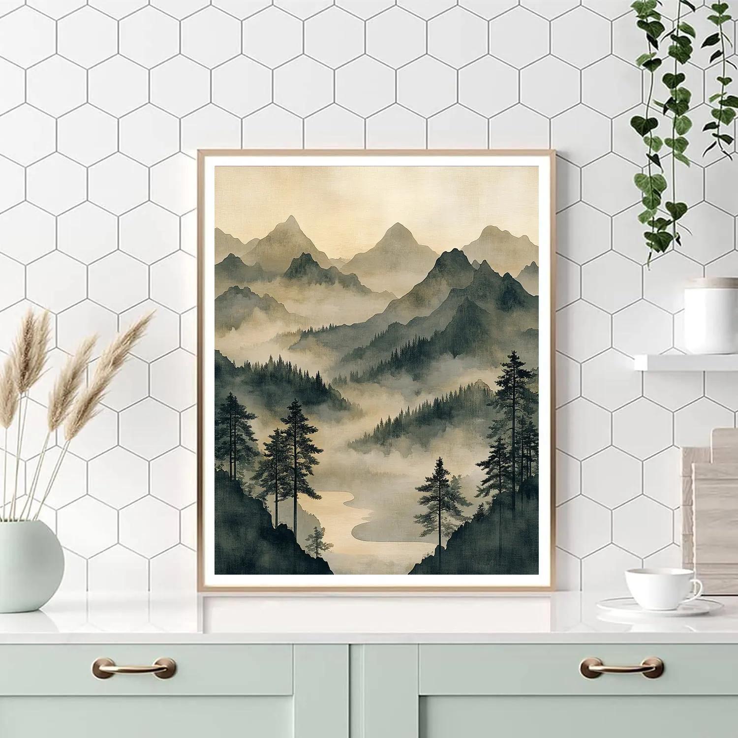 Zhao Mengfu Inspired Misty Mountain Scroll Paint by numbers art