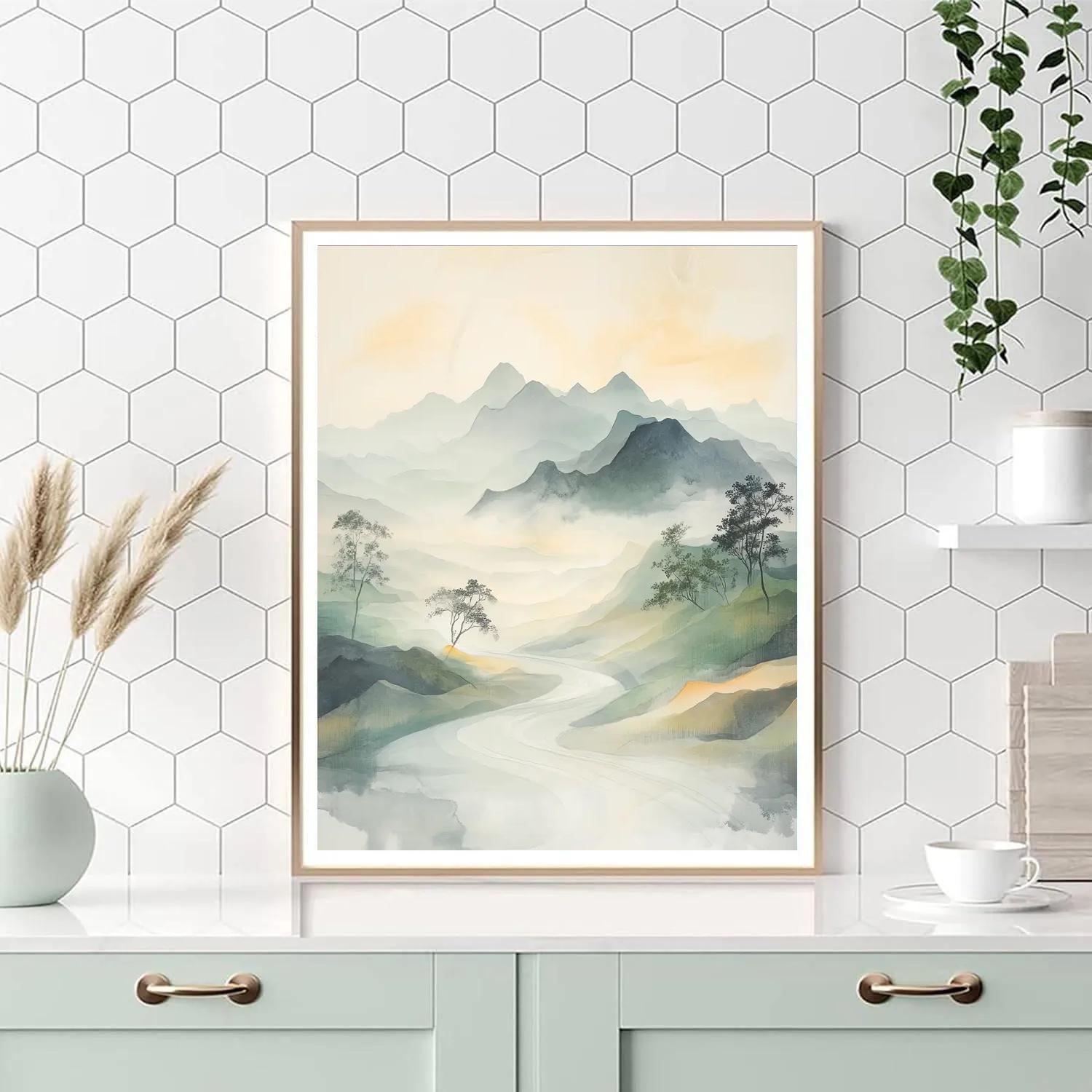 Zhao Mengfu Inspired Misty Mountain Harmony Number painting