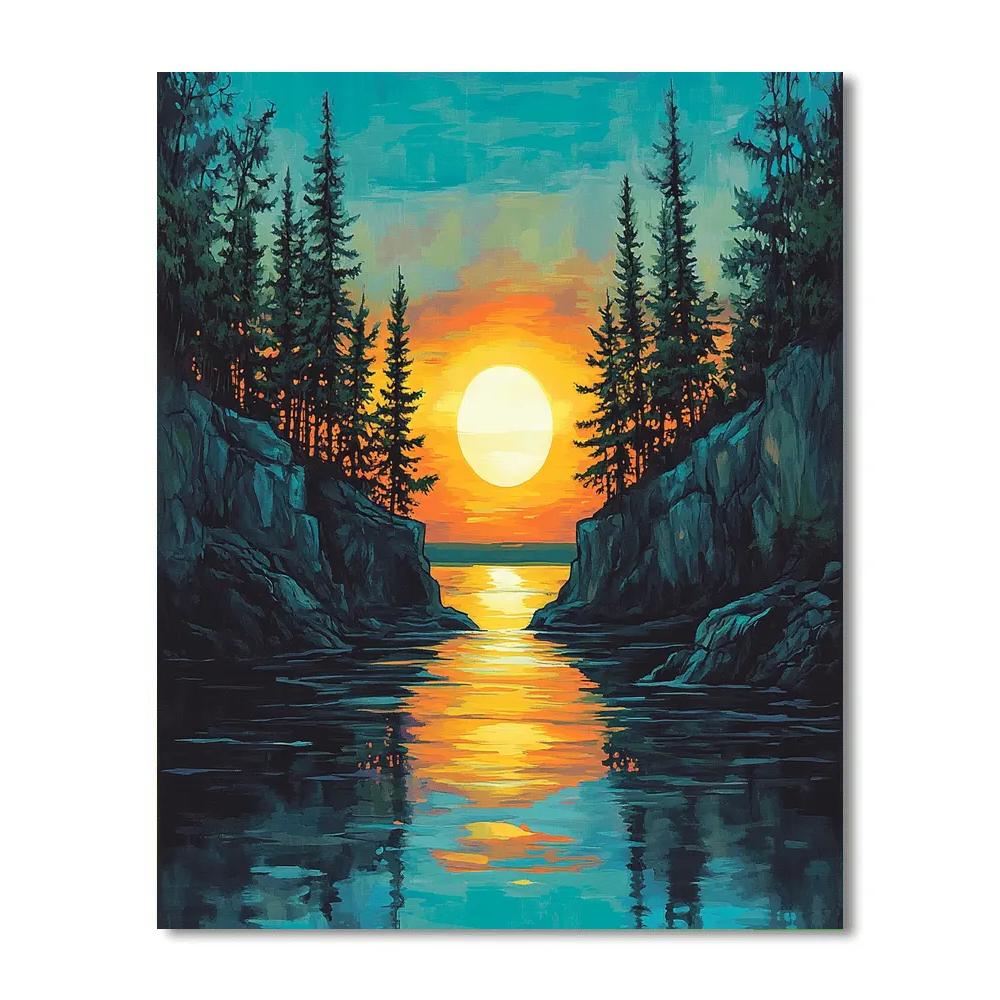 Franklin Carmichael Inspired Pine Screens Against Sunset Glow Paint by numbers kits