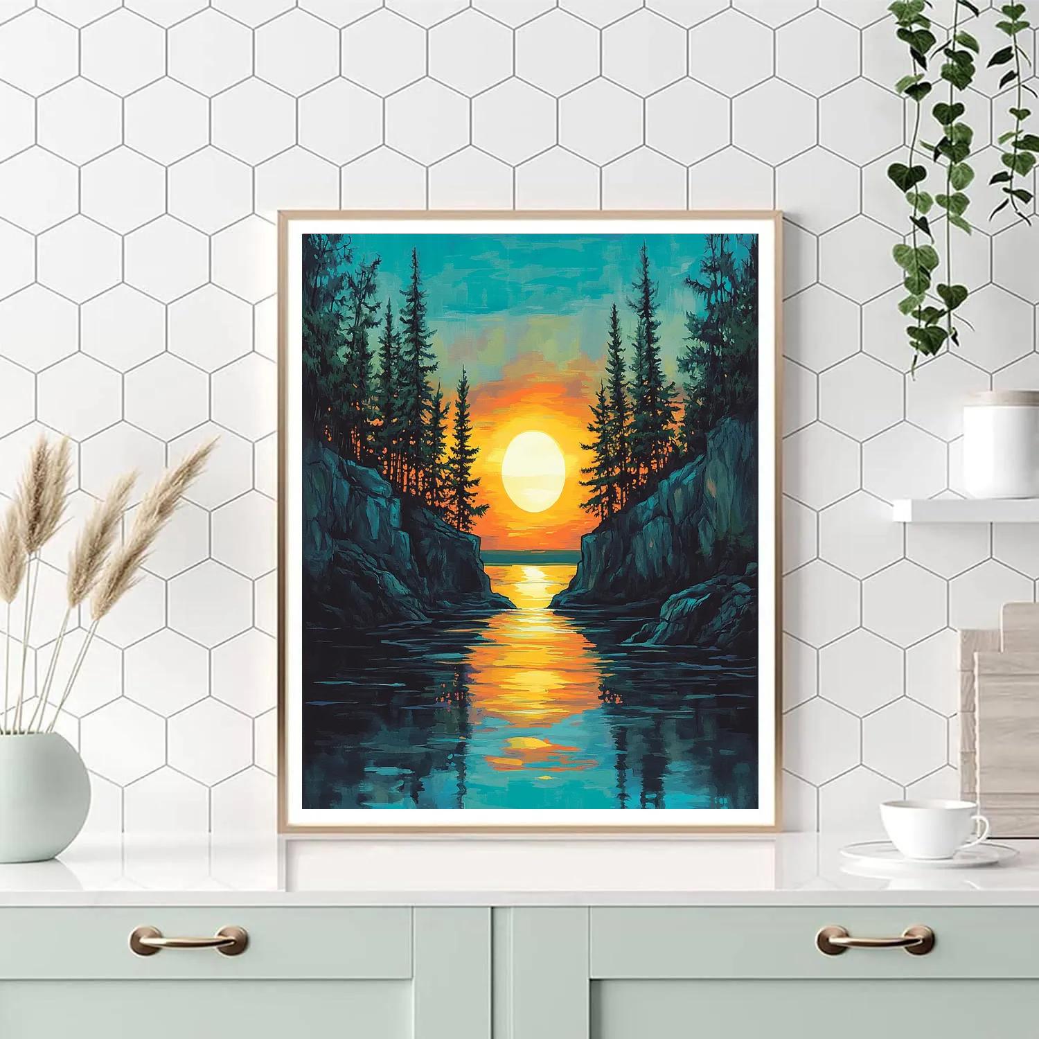 Franklin Carmichael Inspired Pine Screens Against Sunset Glow Paint by numbers kits
