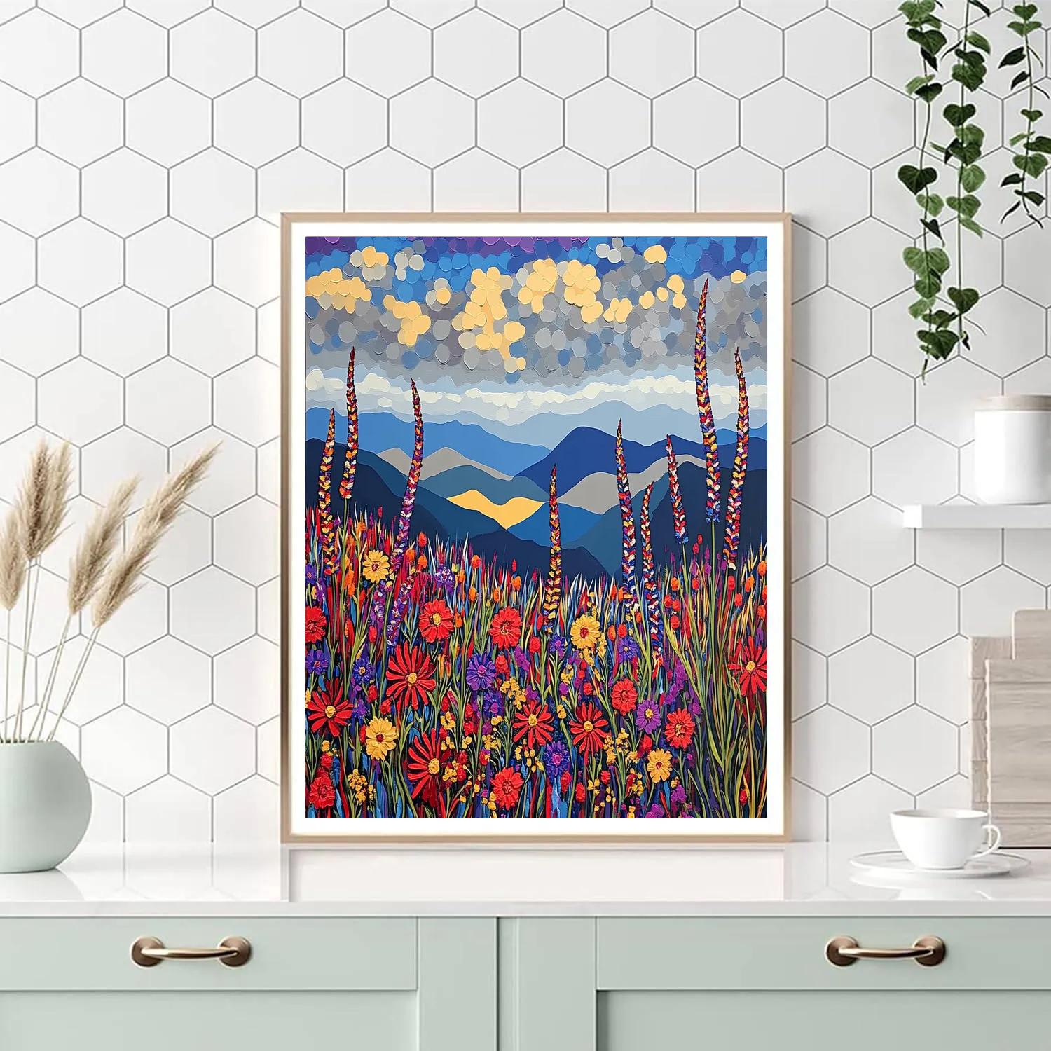 J E H MacDonald Inspired Mountain Meadow With Wildflowers And Sky Paint by numbers art