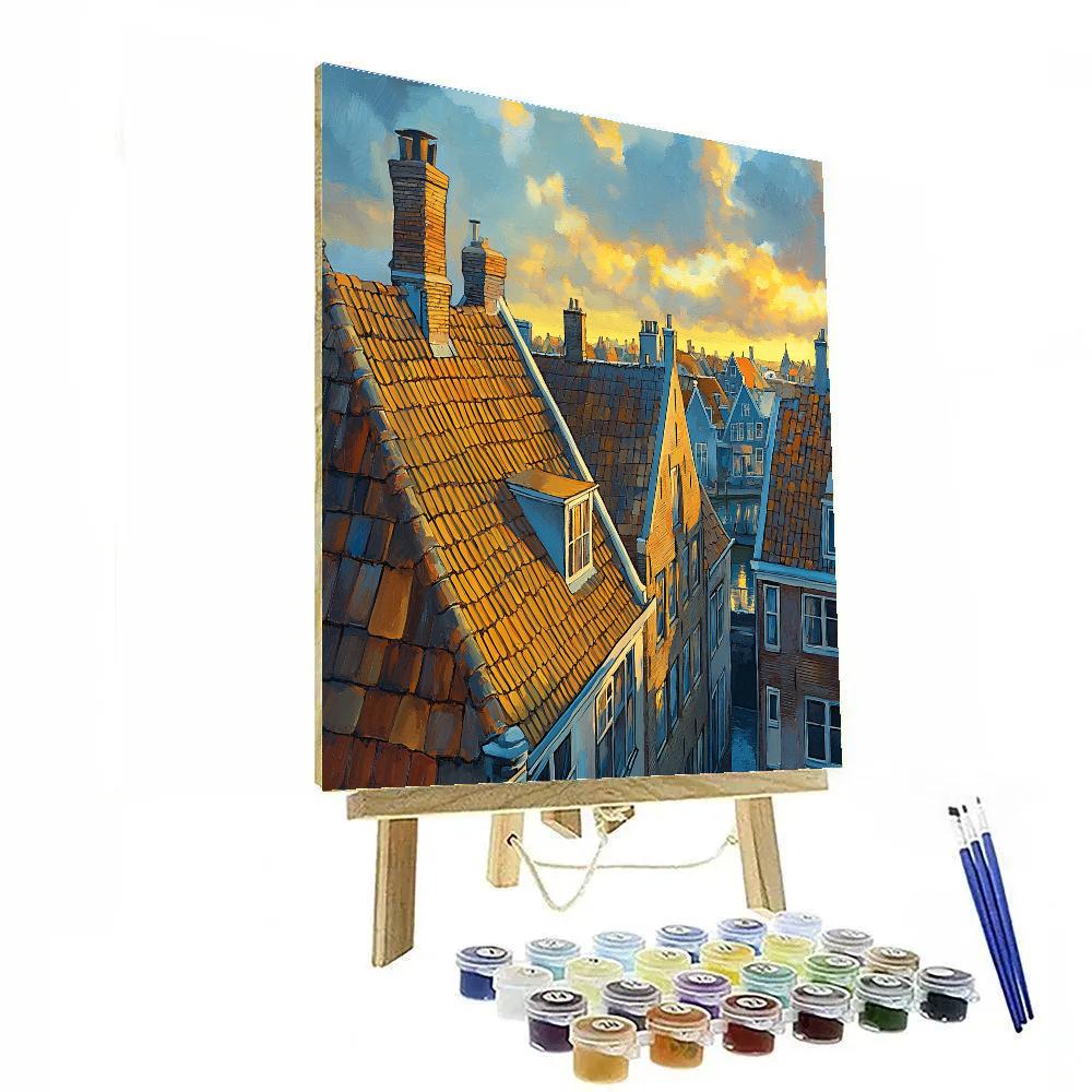 Johannes Vermeer Inspired Gabled Rooftops In Golden Light painting number kit